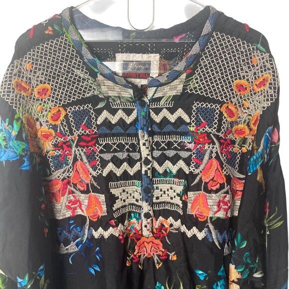 Johnny Was Biya Veda Bird Botanical Silk Blouse 3X Black Embroidered Repaired - Picture 4 of 11